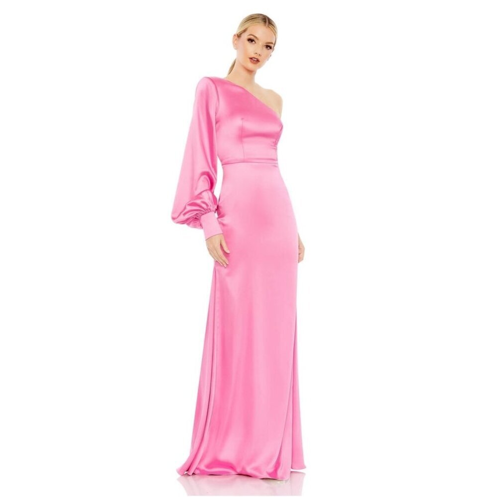 NWT Mac Duggal One Shoulder Bishop Sleeve Trumpet Gown Candy Pink 6
